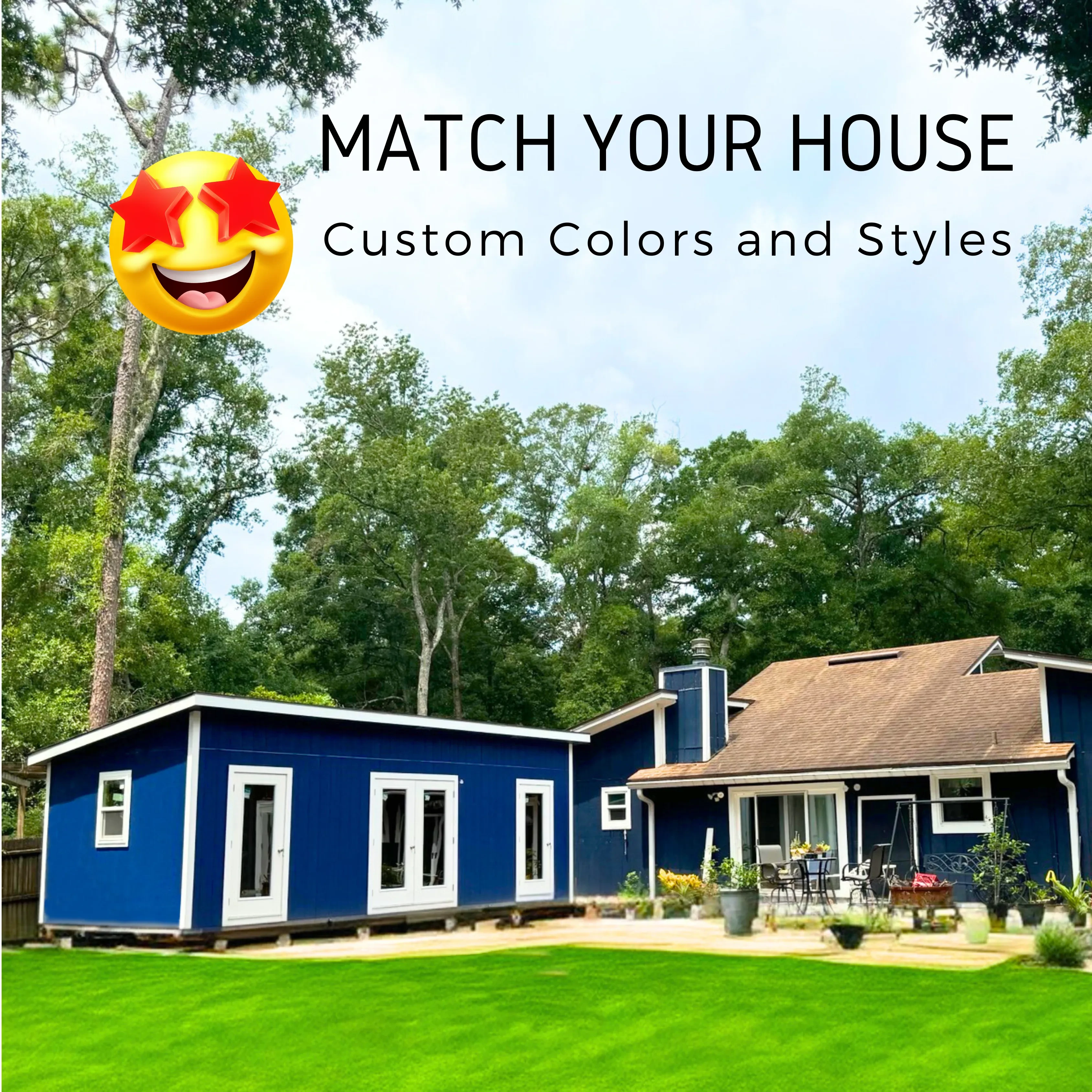 Blue urban shed matching the house and style