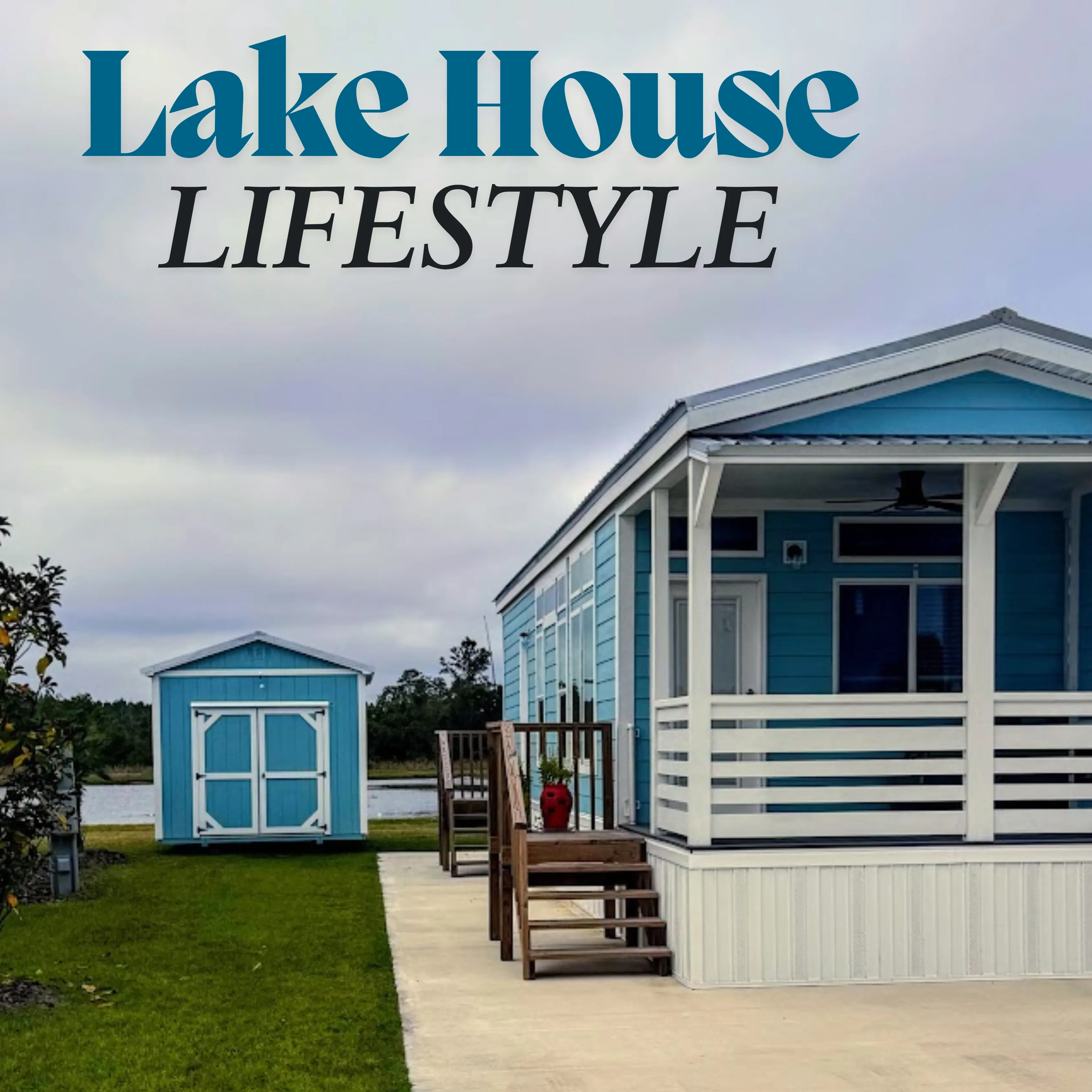Shed by a lake house matching the house