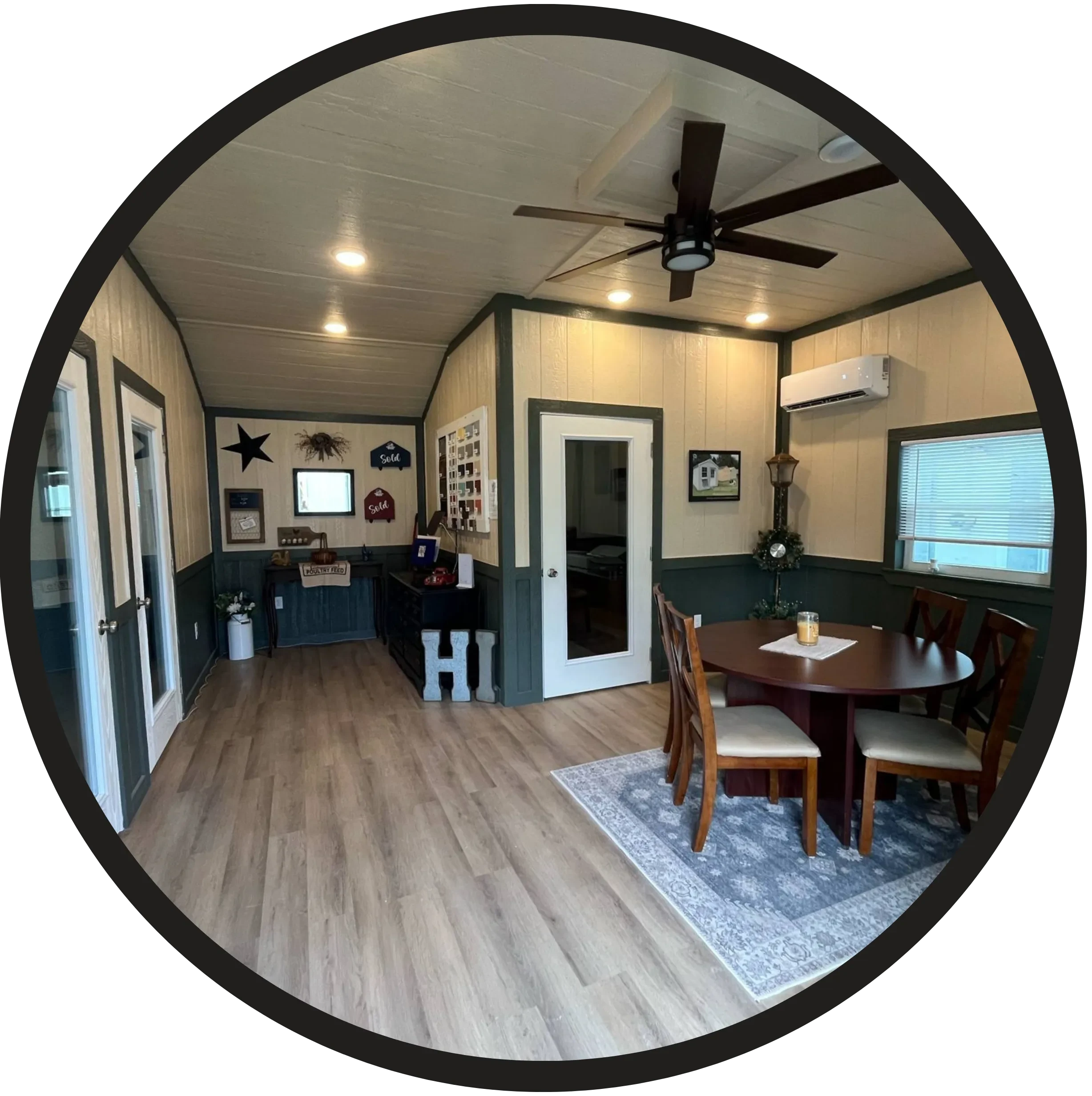 Interior of a finished out Stellar shed with lights, doors, windows, etc.