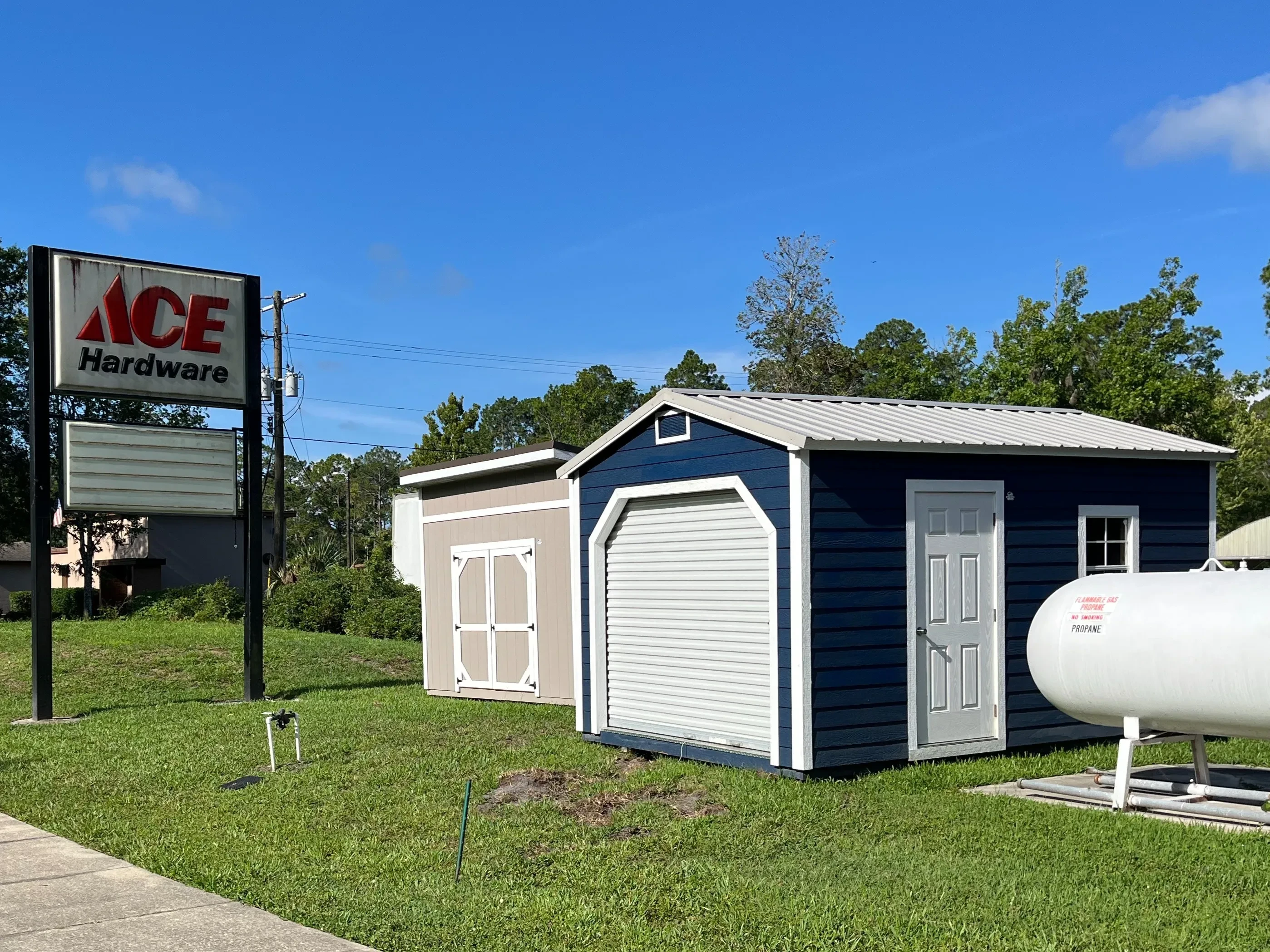 Sheds on display at Ace Hardware in Melrose, FL