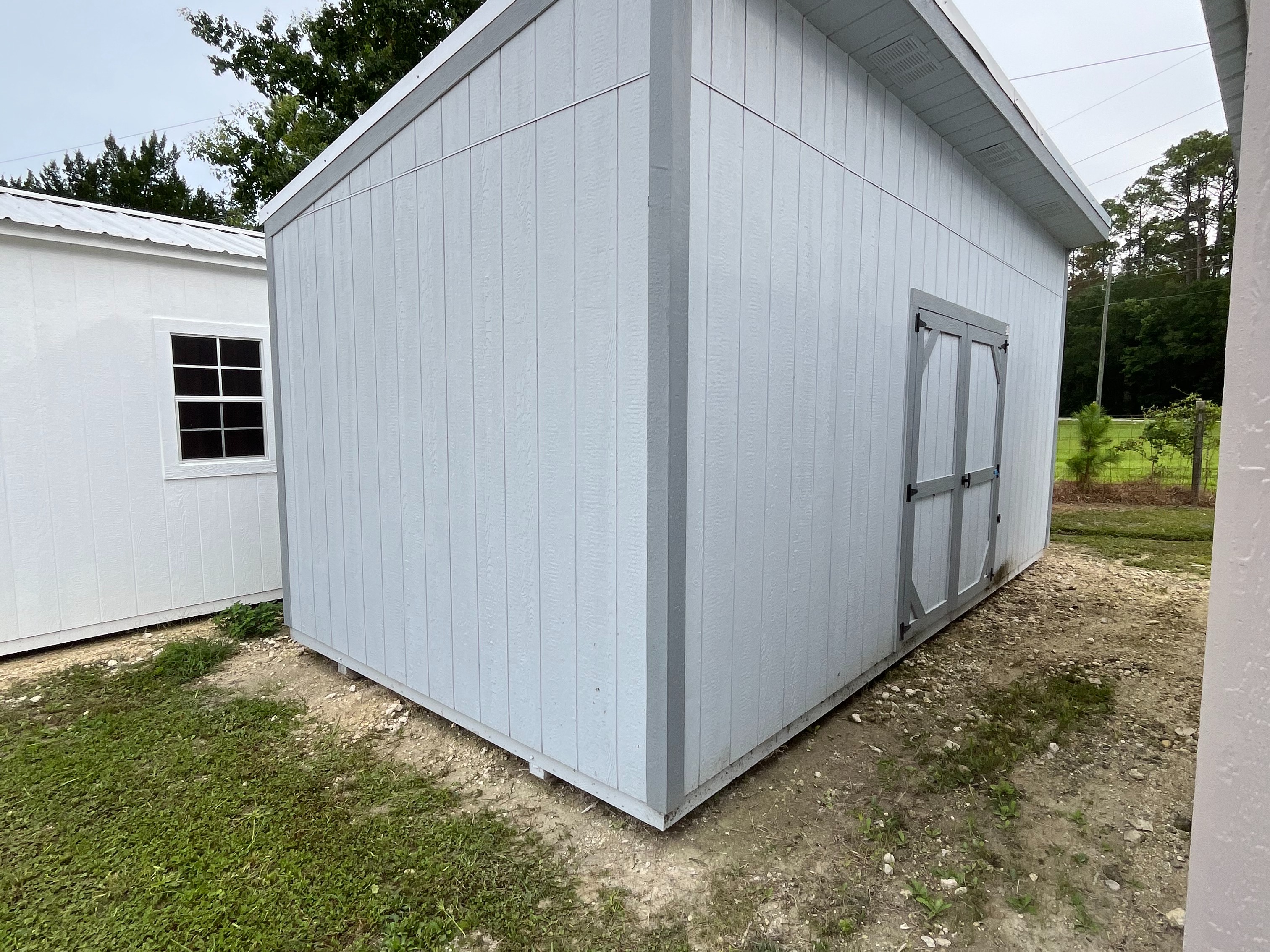 Exterior right corner of the grey 10x20 urban shed