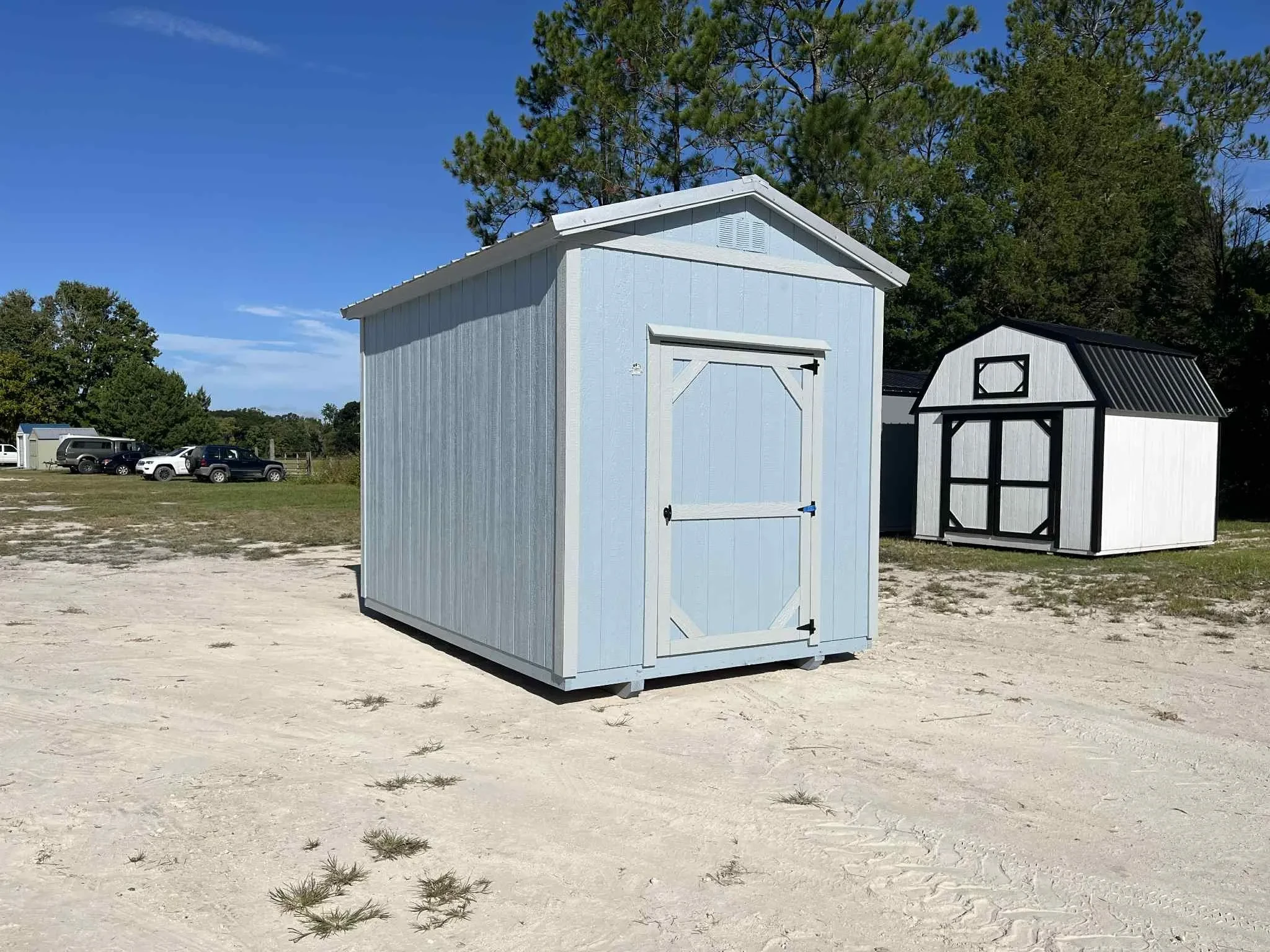 Exterior of a light blue 8x12 garden shed with a single wood door