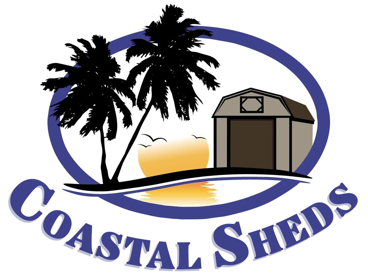 Coastal Sheds logo featuring palm trees, a sunset, and a shed.