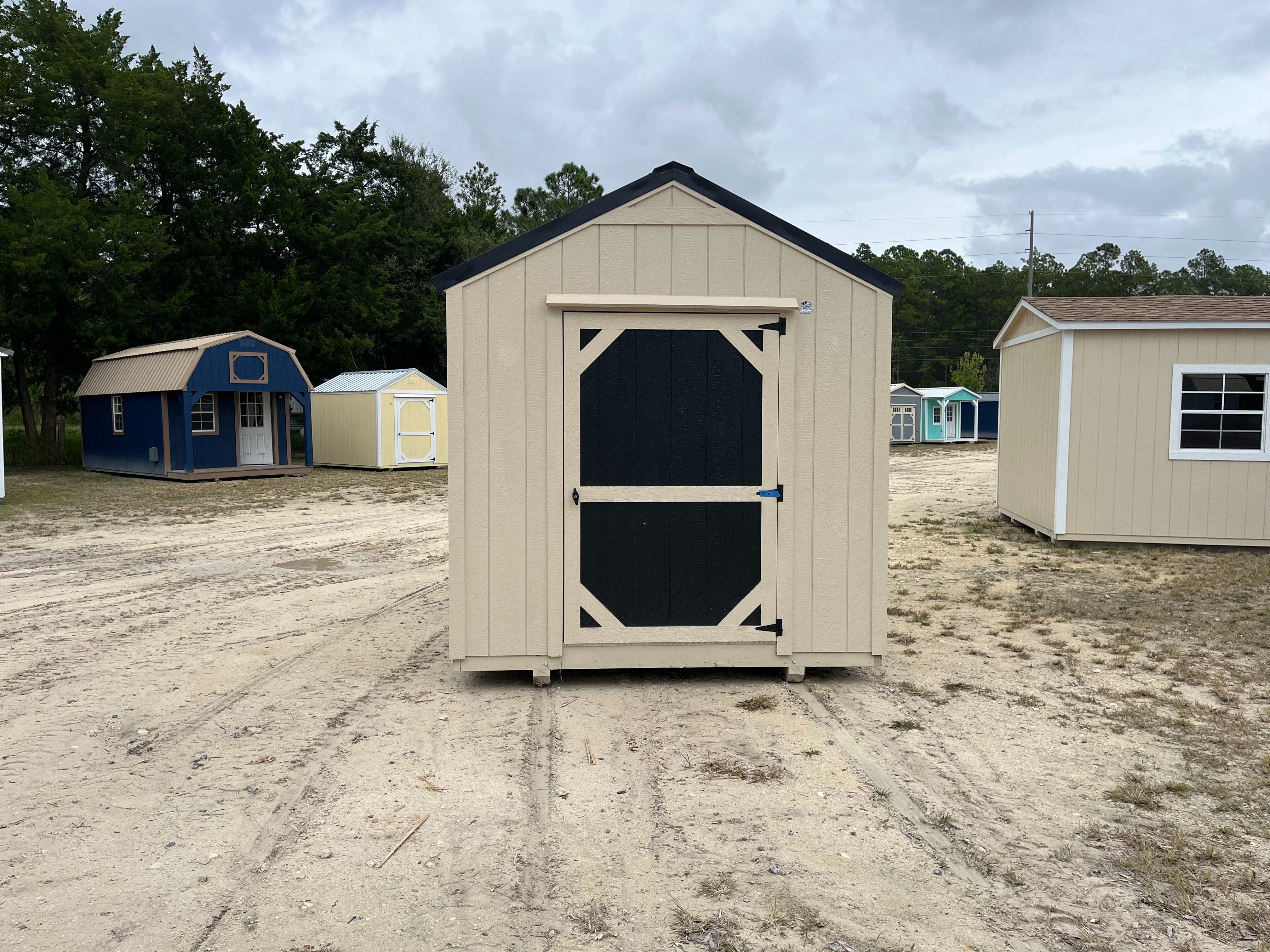 Exterior of an 8x12 Garden Shed Economy with a 48" accent painted door