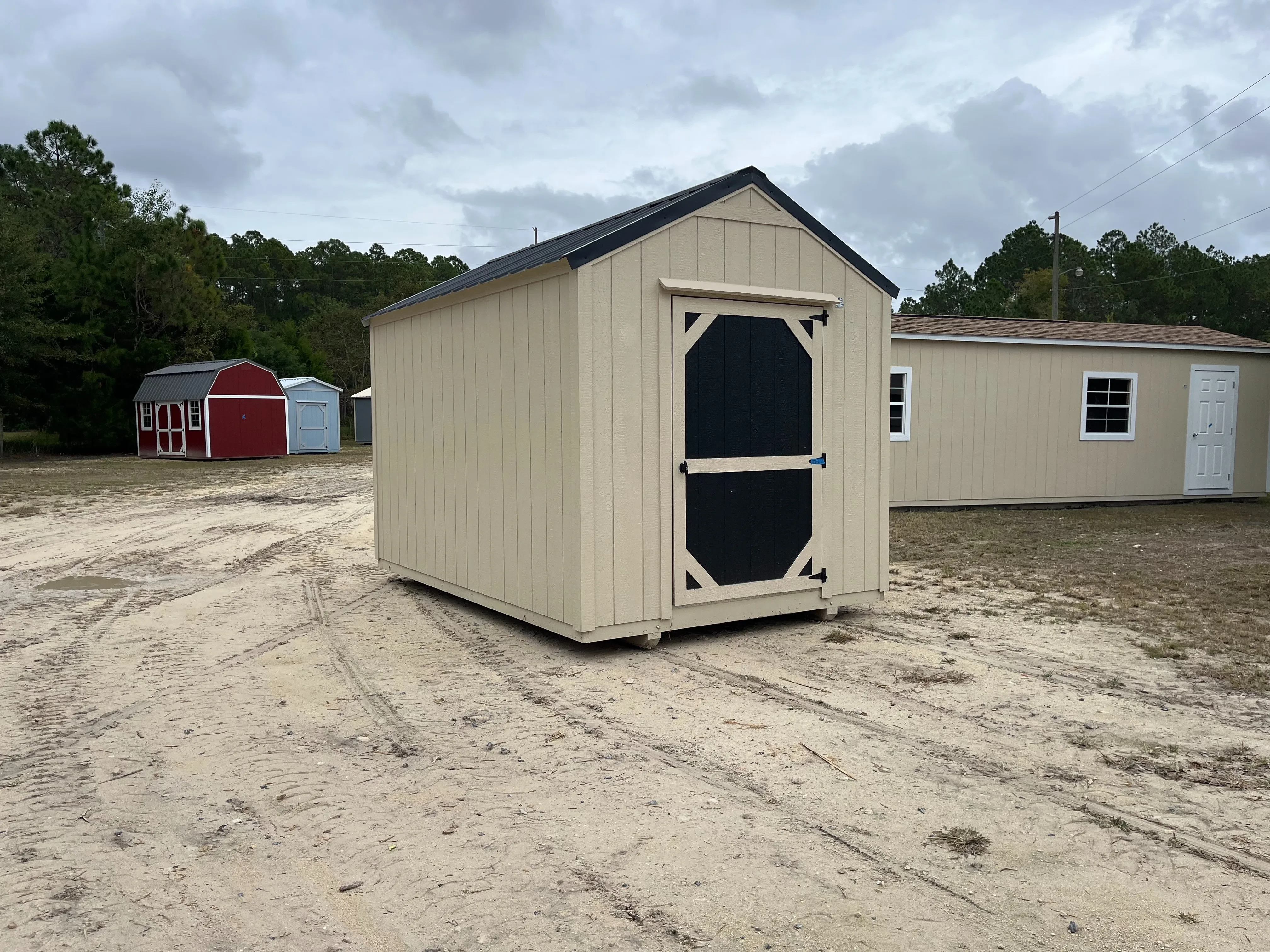 Exterior left side of an 8x12 Garden Shed Economy with a 48" accent painted door