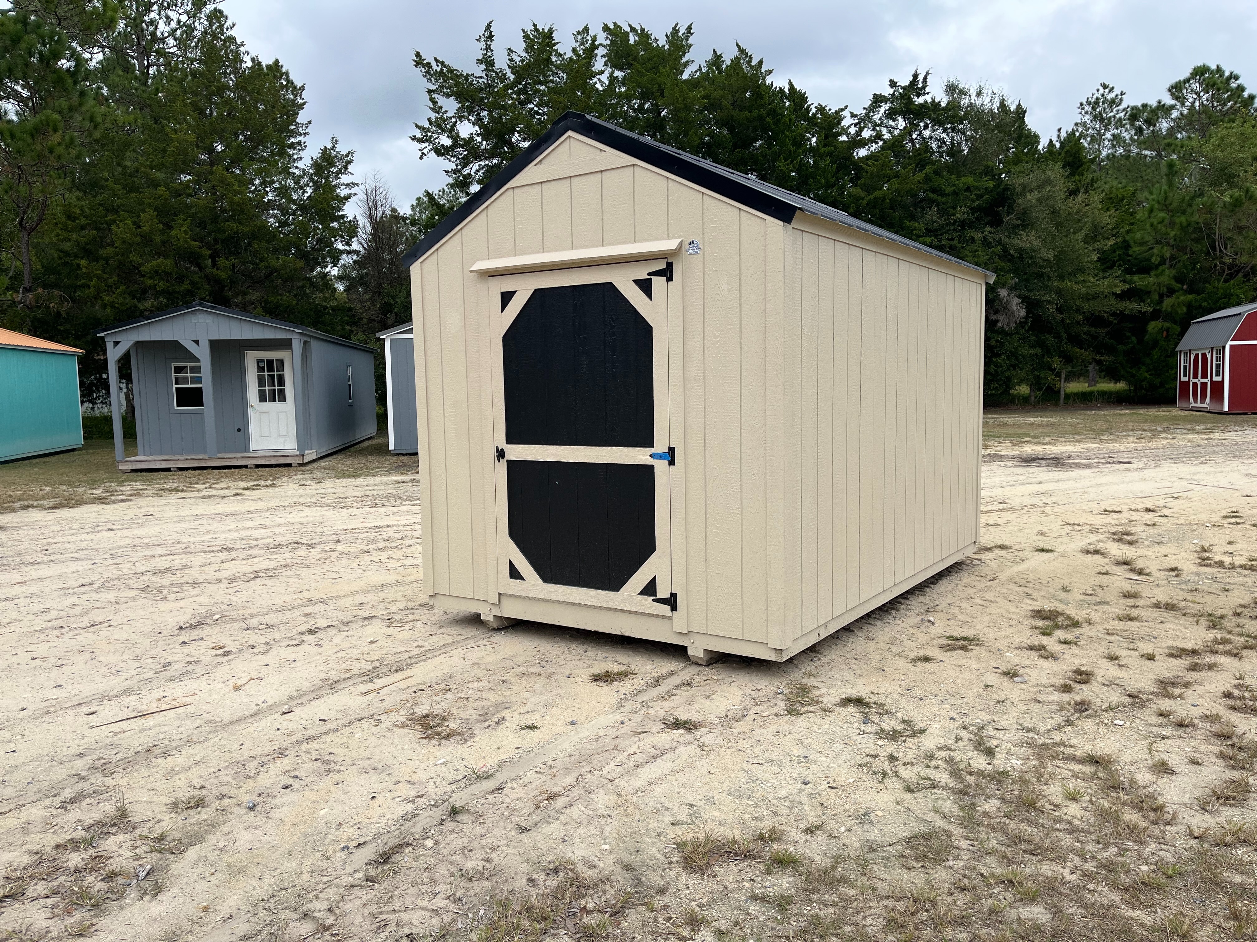 Exterior right side of an 8x12 Garden Shed Economy with a 48" accent painted door