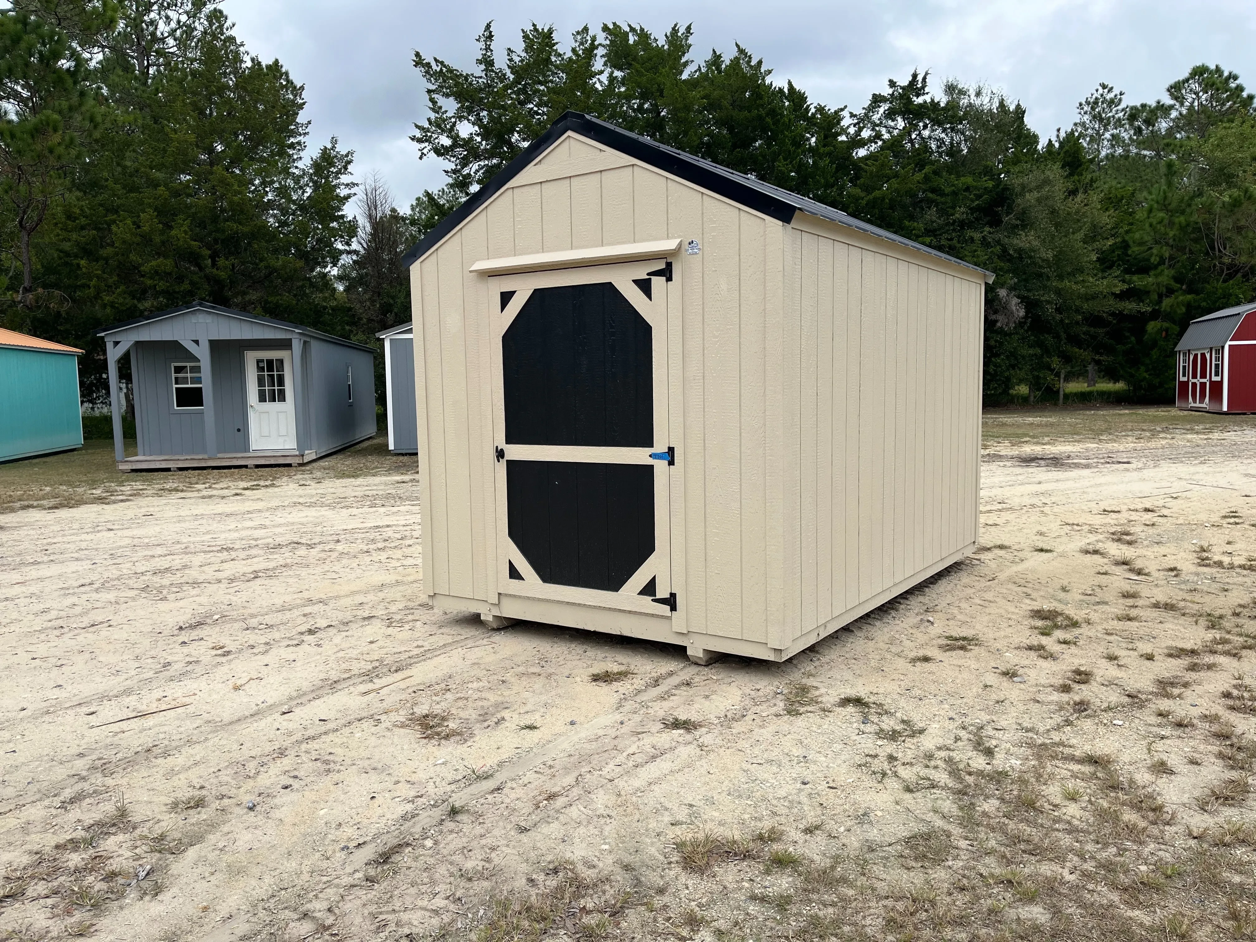 Exterior right side of an 8x12 Garden Shed Economy with a 48" accent painted door