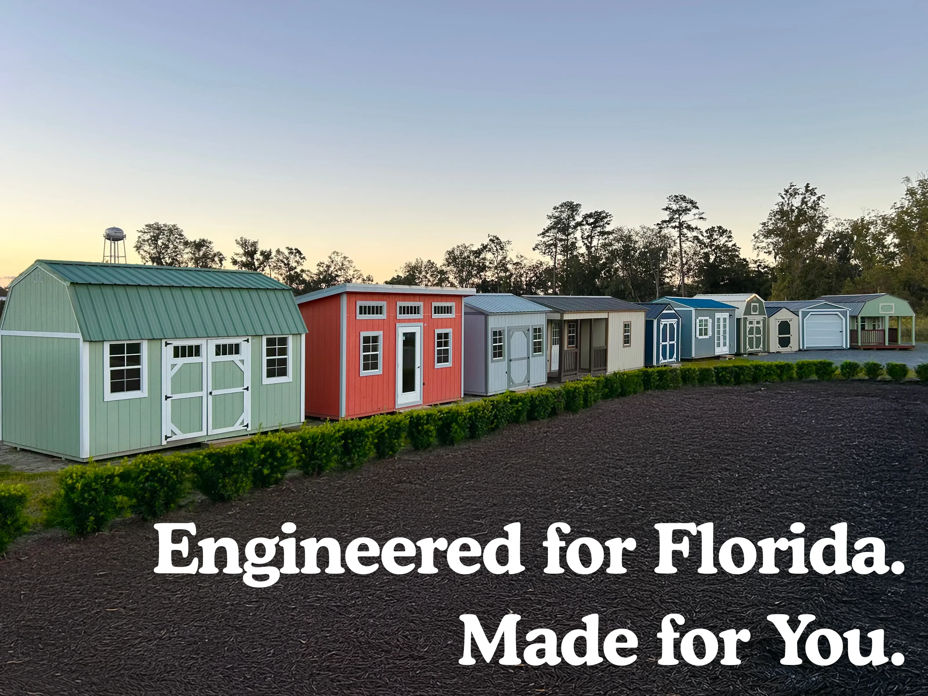 Row of sheds with various styles, colors, and sizes
