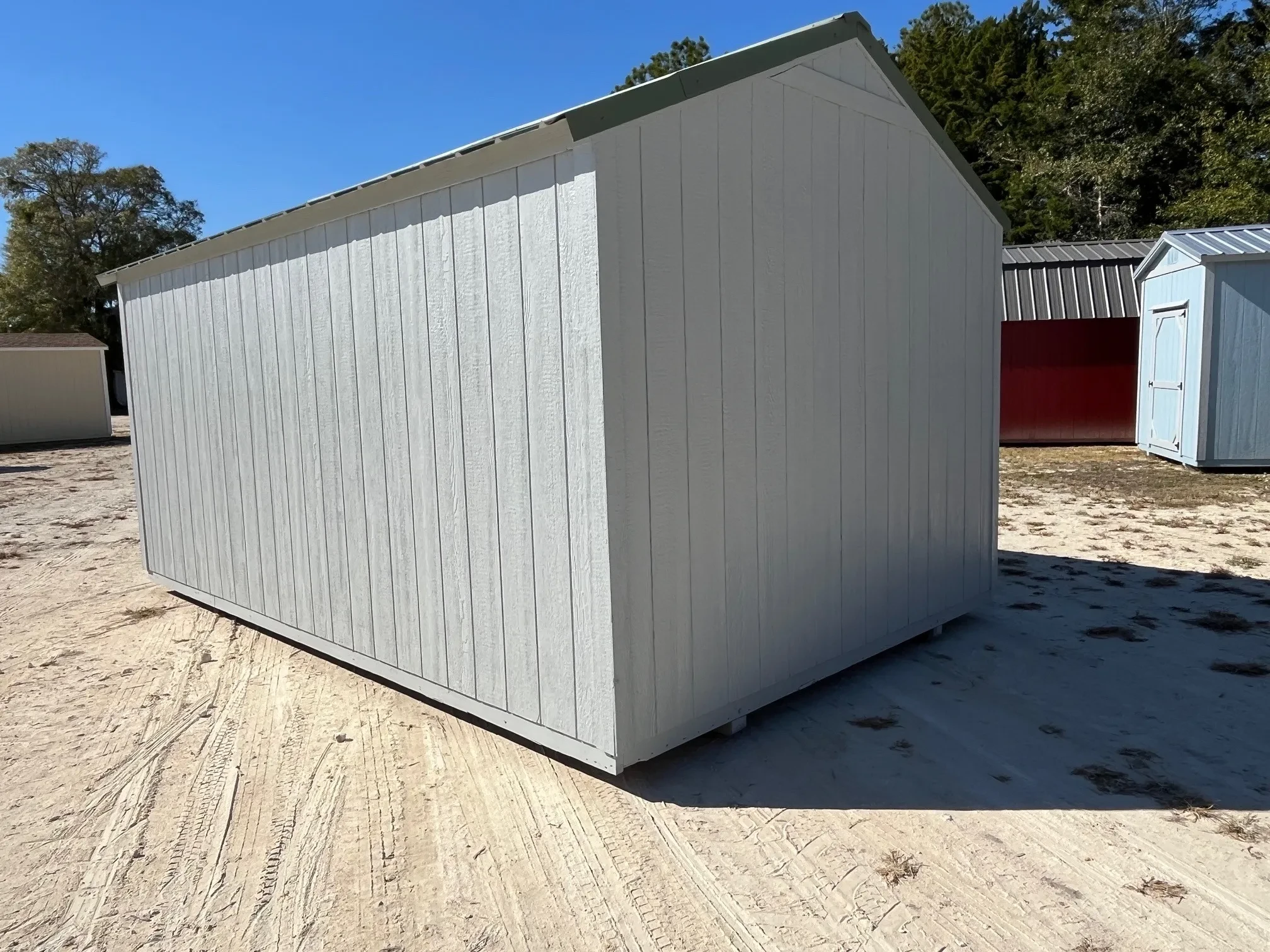 Rear of a dark grey 10x16 garden shed economy