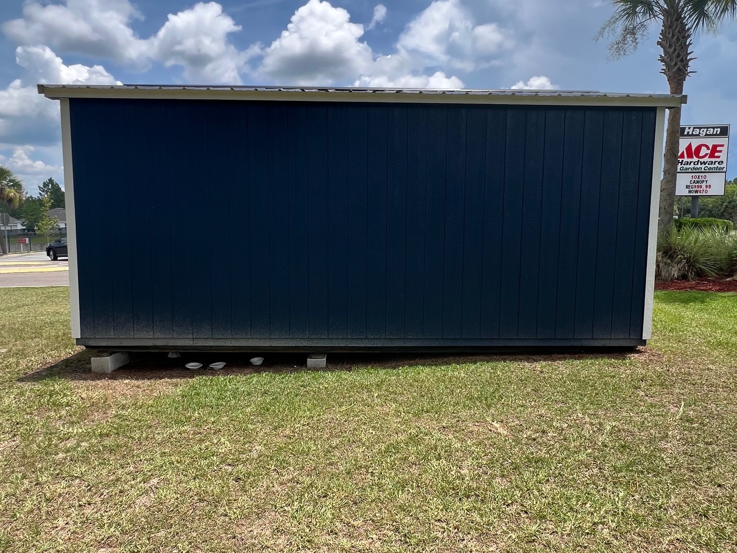 Rear view of a 12x20 dark blue workshop