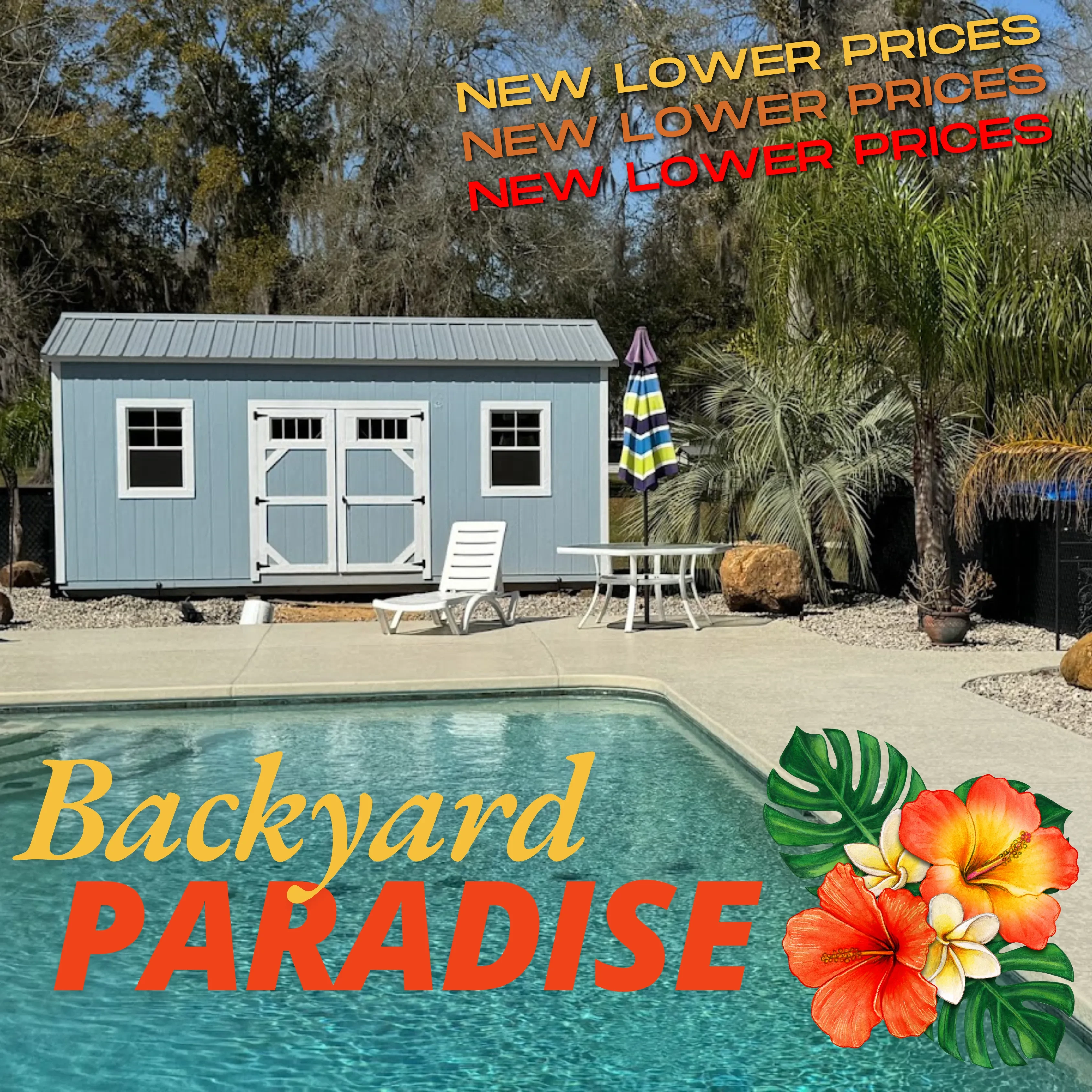 Pool house shed setup by a pool