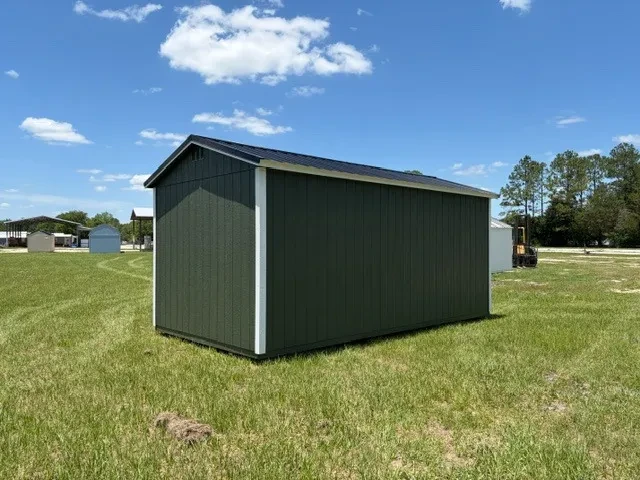 Exterior rear right view of a green 10x20 side garden shed showing the doors, windows and shutters