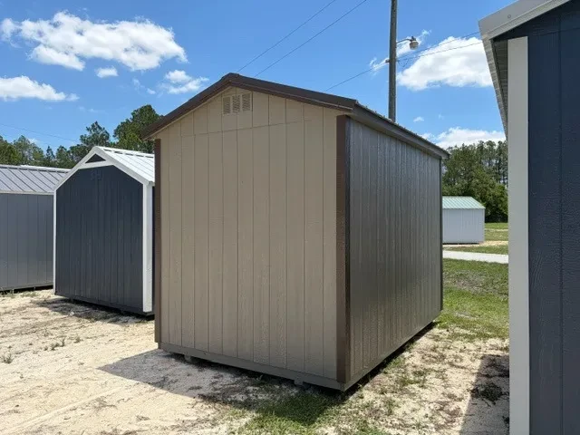 Exterior left rear view of a clay 8x12 garden shed