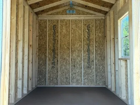 Interior of an 8x12 garden shed showing the window