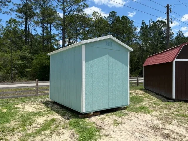 Exterior right rear view of a aqua 8x12 garden shed