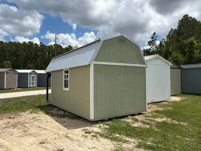 Back view of a 10x20 lofted barn cabin showing one window and roof