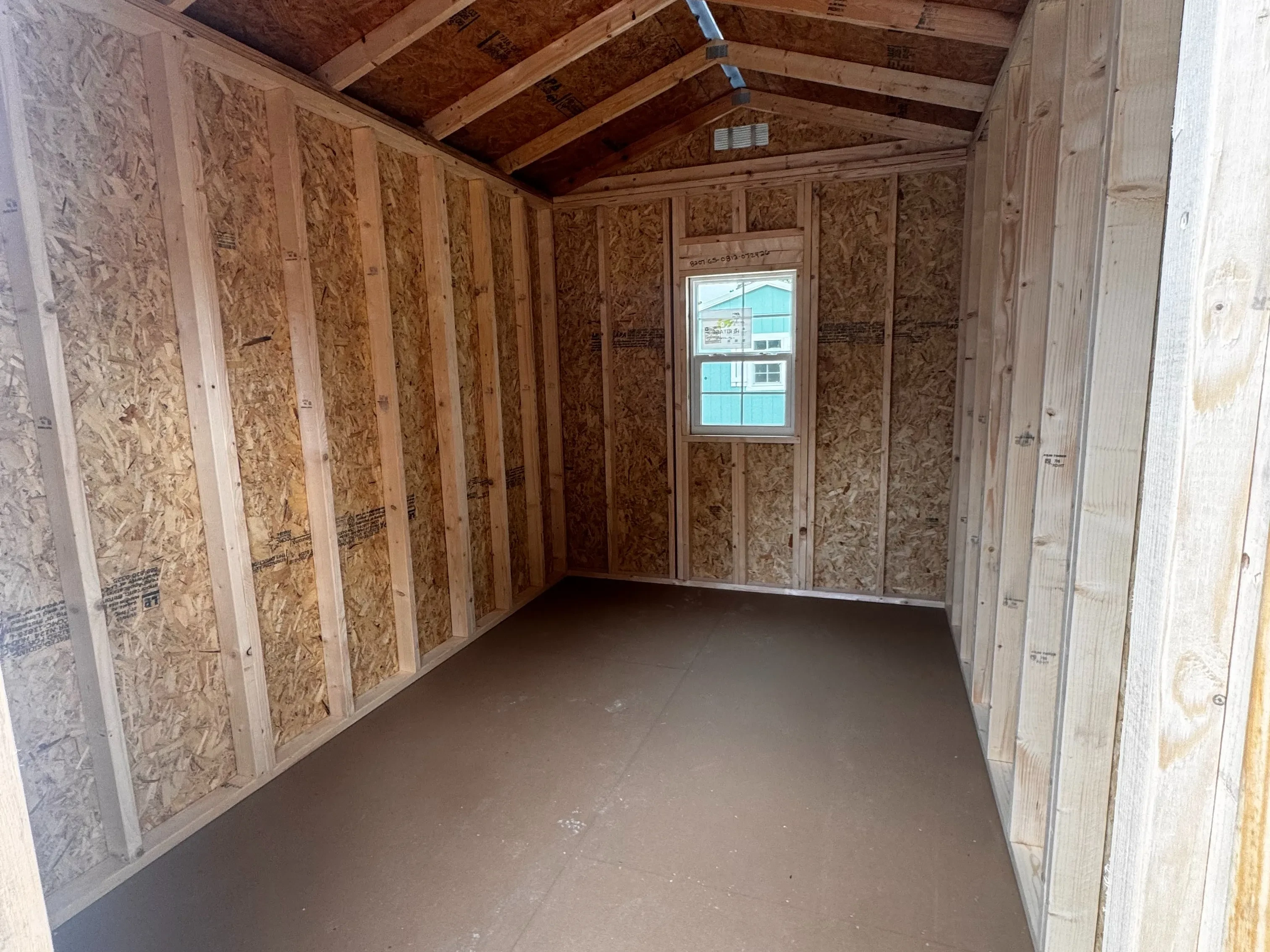 Interior of an 8x12 garden shed.