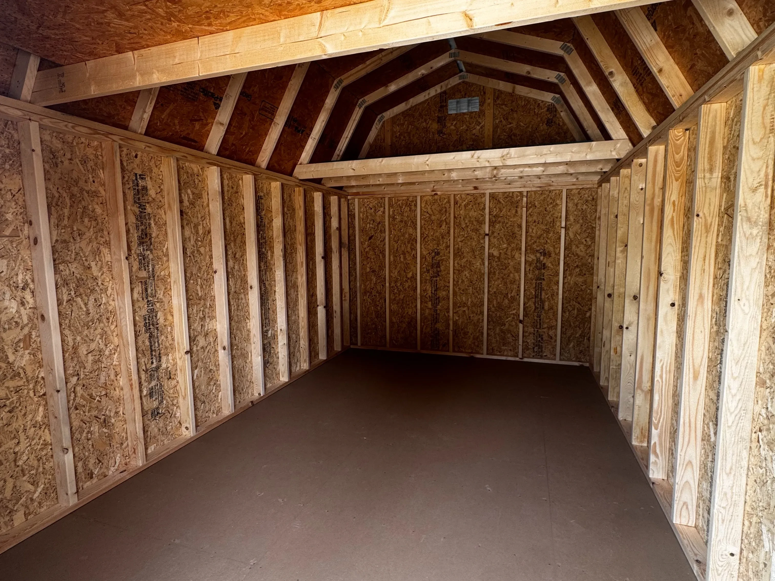 interior of a 10x16 lofted barn