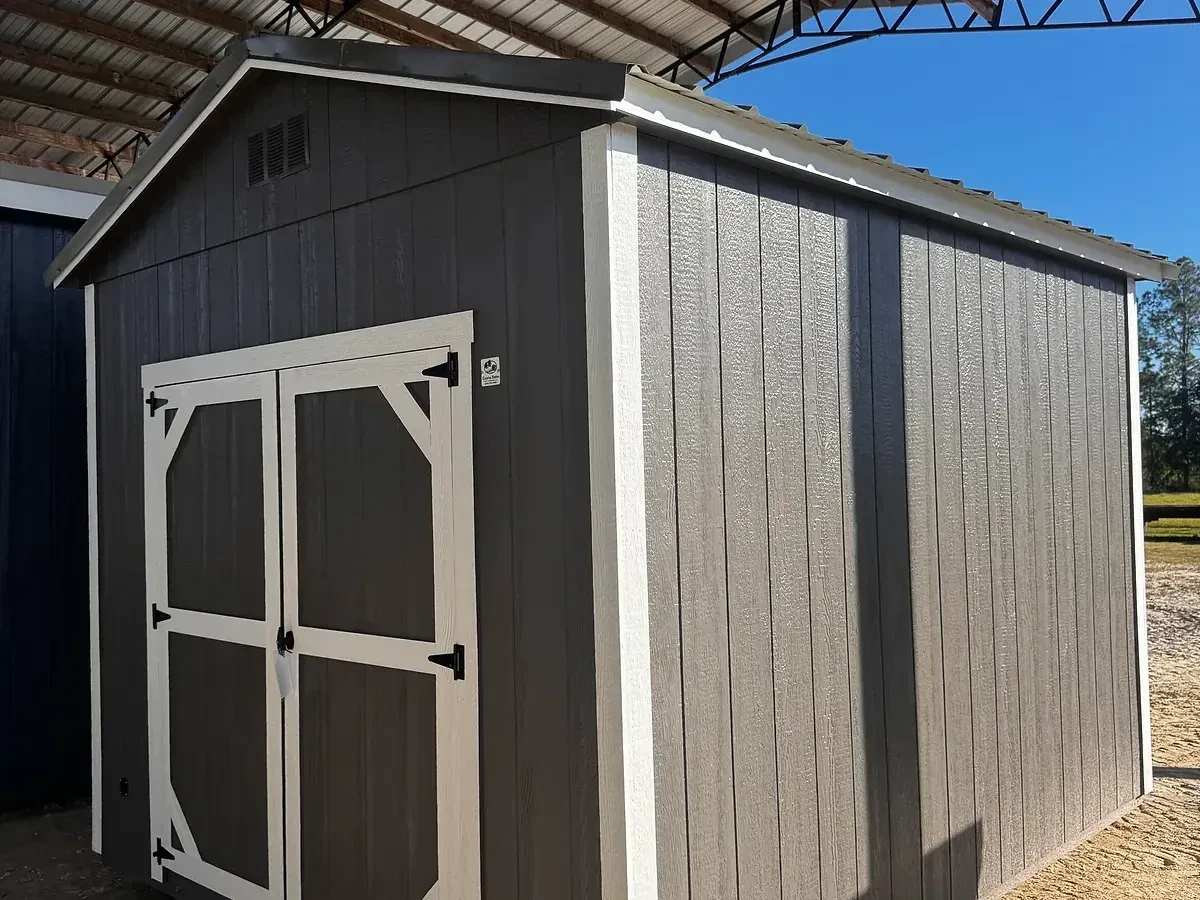Exterior front right view of a charcoal 10x12 garden shed with double wood door