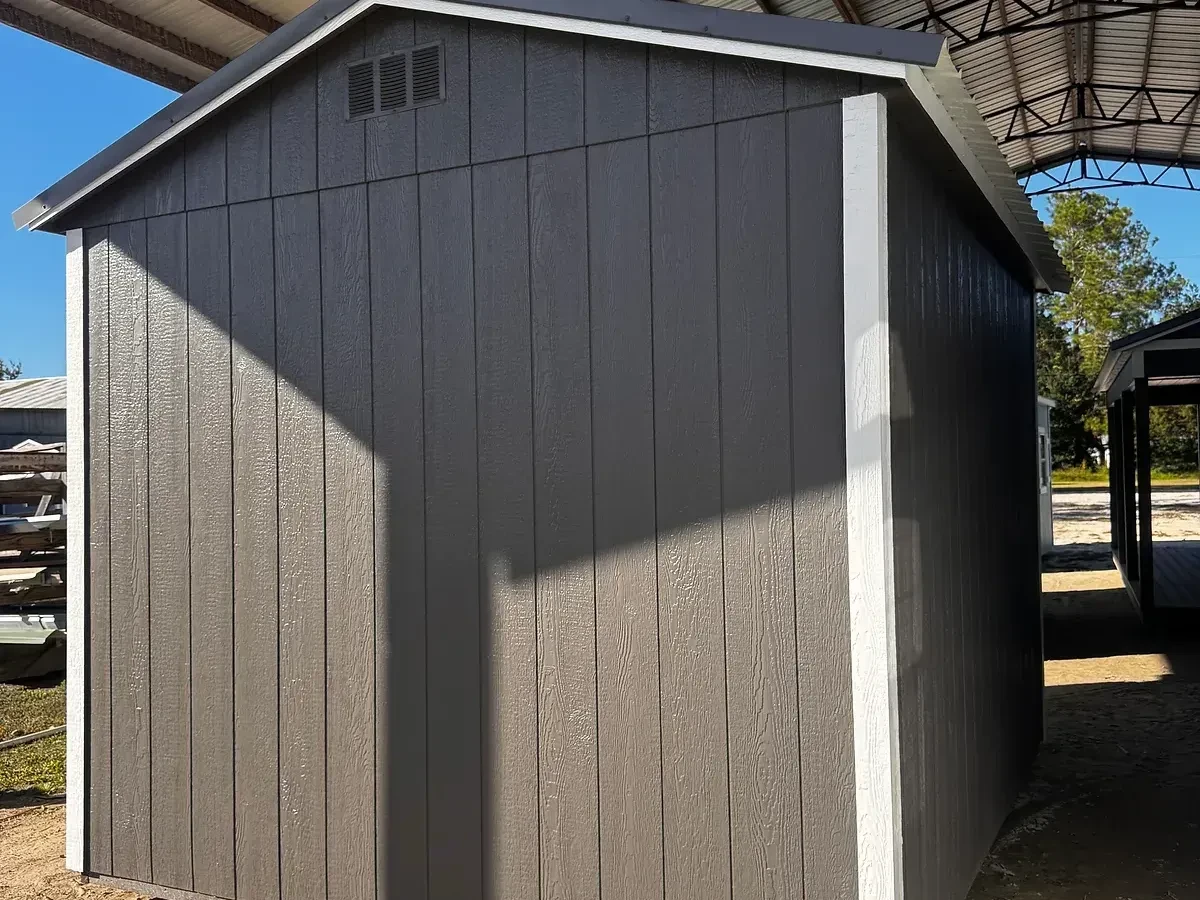 Exterior right rear view of a charcoal 10x12 garden shed